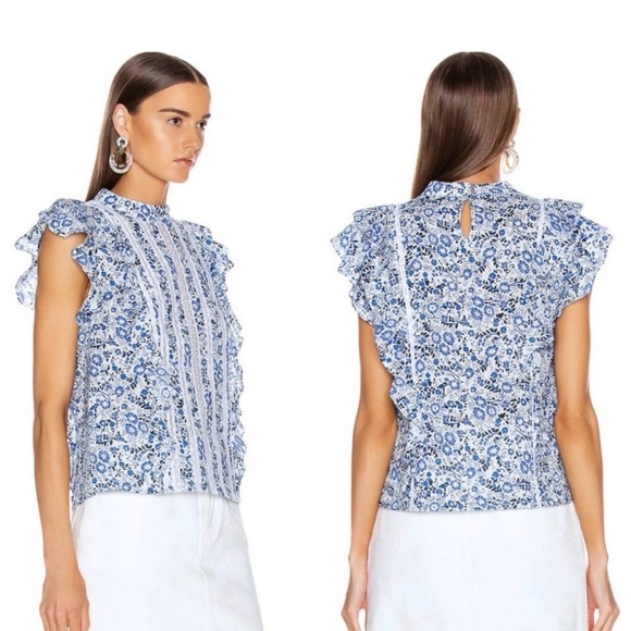 Veronica Beard Tops - Veronica Beard White and Blue Floral print Mock neck Ruffle Blouse
